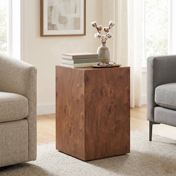 FFZ Cube Side Table with Burl Walnut Veneer and Adjustable Feet, 11.8 x 11.8 x 19.7 inch, Walnut