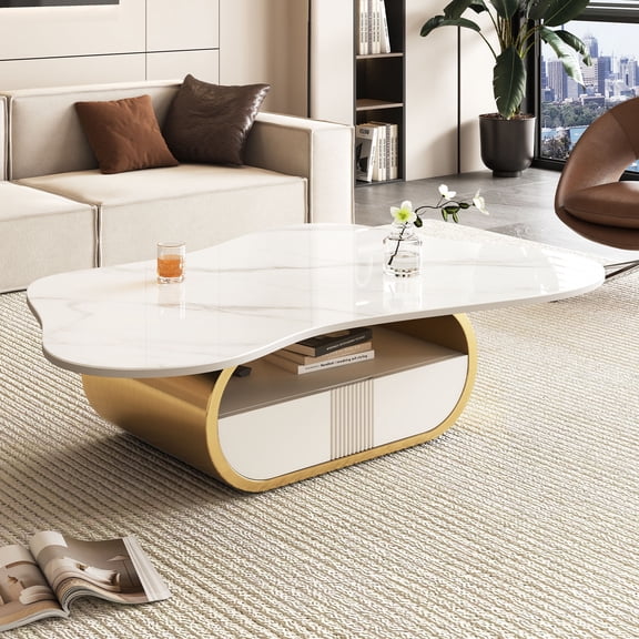 FFZ Modern Butterfly Coffee Table with Sintered Stone Top, Storage Shelf & Drawer, Stainless, Gold+White
