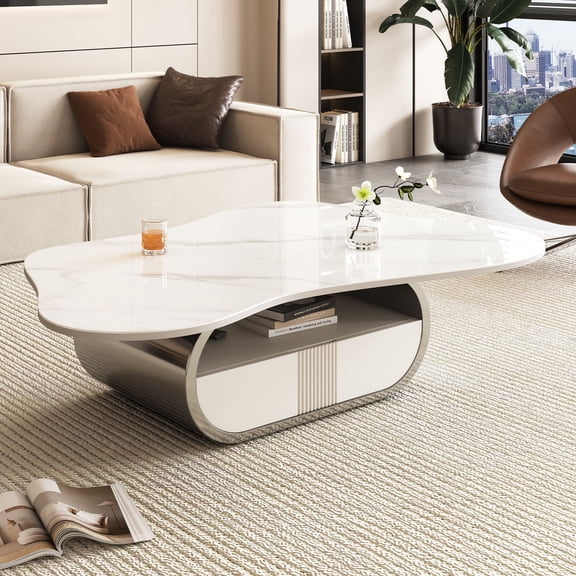 FFZ Modern Butterfly Coffee Table with Sintered Stone Top, Storage Shelf & Drawer, Stainless, Grey+White
