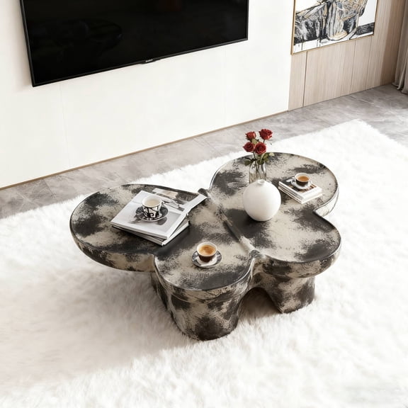 FFZ Butterfly Coffee Table with Imitation Limestone, Fiberglass, 47.24 x 33.46 x 12.59 inch, Black+Beige