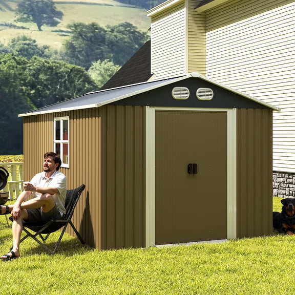 FFZ Campcraft 8x12 Ft Outdoor Metal Storage Shed With Sturdy Frame Structure Brown