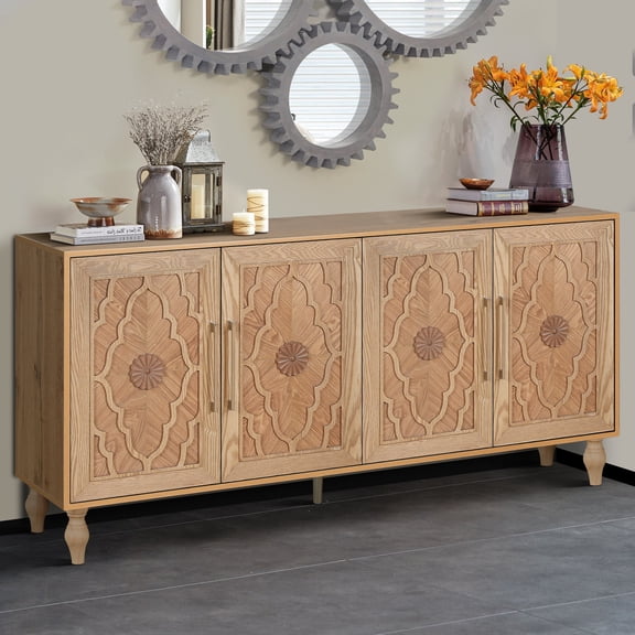 FFZ Large Storage Cabinet with Carved Flower Door and Metal Handle, 62.99 x 15.75 x 32 inch, Natural Wood
