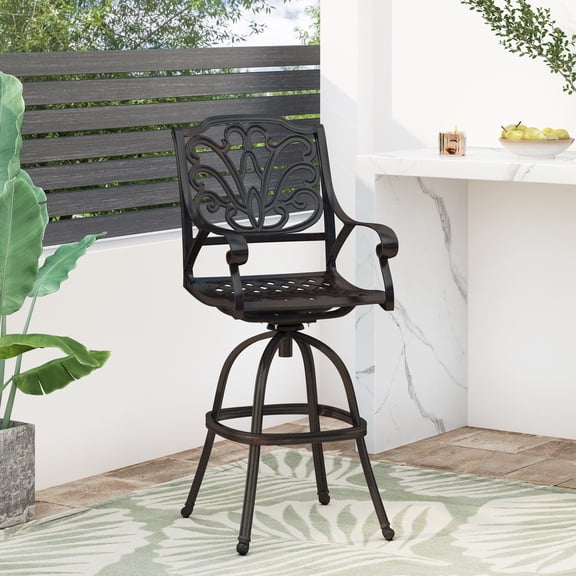 FFZ Cast Aluminium Swivel Bar Stool with Scrolled Arms and 360-Degree Rotation, Bronze