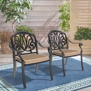 FFZ Cast Aluminum Patio Dining Chairs Set of 2 with Carved Details and Brown Cushions, Black