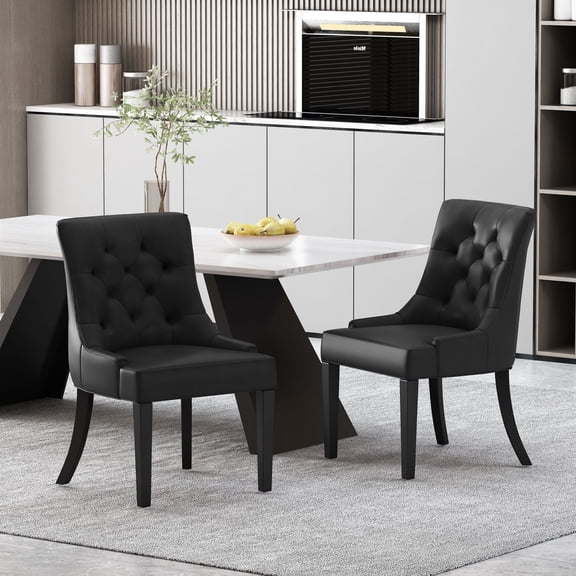 FFZ Set of 2 PU Dining Chairs with Wood Legs, Tufted Diamond Stitch and Sloped Arms, Black