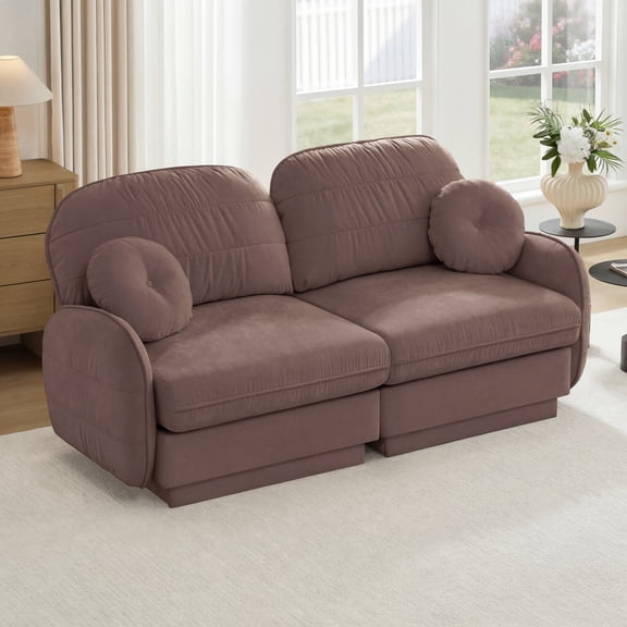 FFZ Chenille Cloud Loveseat Sofa with Round Pillows and Quilted Back Cushion, Rose Dust