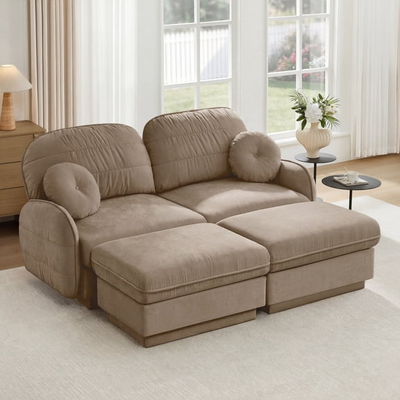 FFZ Chenille U-Shaped Loveseat Sofa with Movable Ottomans and Quilted Back Cushions, Light Coffee