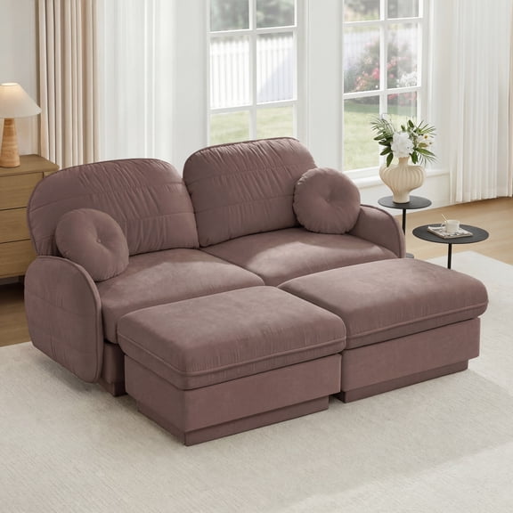 FFZ Chenille Cloud U-Shaped Loveseat Sofa with Movable Ottomans and Round Pillows, Rose Dust