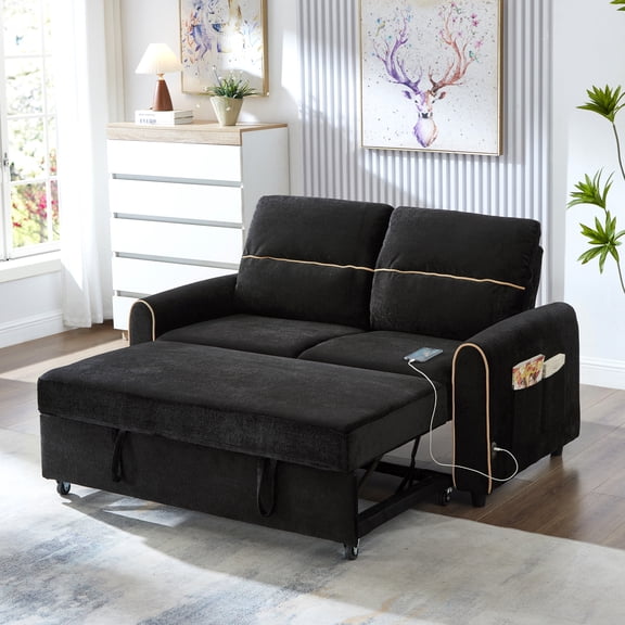 FFZ Chenille Pull Out Sofa Bed 58-Inch Sleeper Loveseat Adjustable 3-Position Backrest 4 Side Pockets Black For Living Room