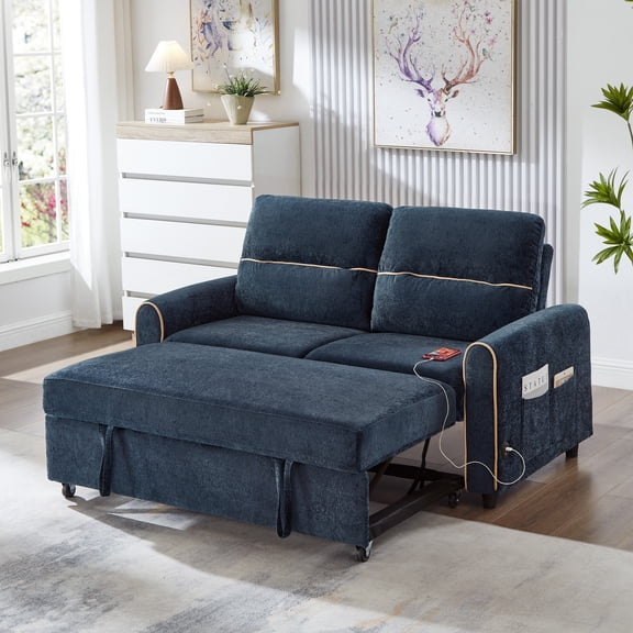 FFZ Chenille Pull Out Sofa Bed 58-Inch Sleeper Loveseat Adjustable 3-Position Backrest 4 Side Pockets Blue For Living Room