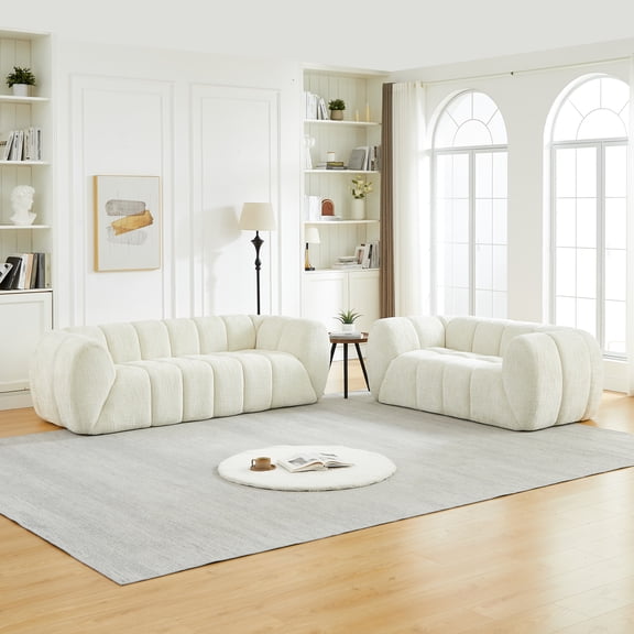 FFZ Chenille Pure Foam Sofa with Quilted Cloud Design and Rounded Armrests, Beige