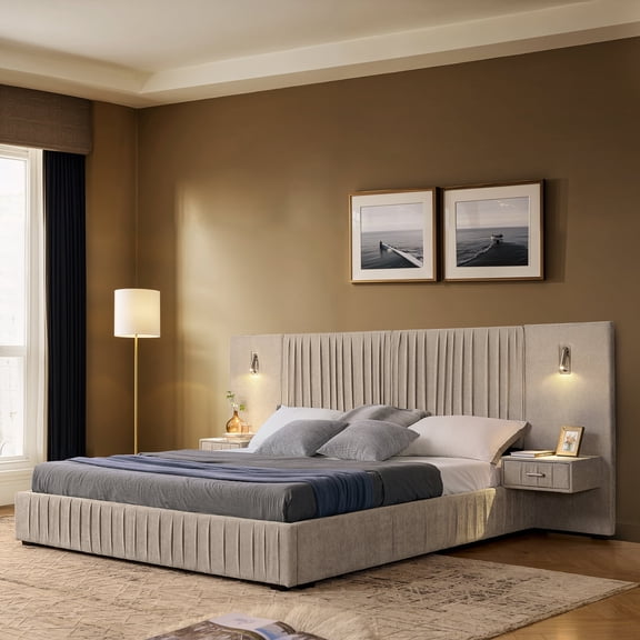 FFZ Queen Upholstered Chenille Bed Frame with Pleated Headboard and Integrated Bedside Table, Beige