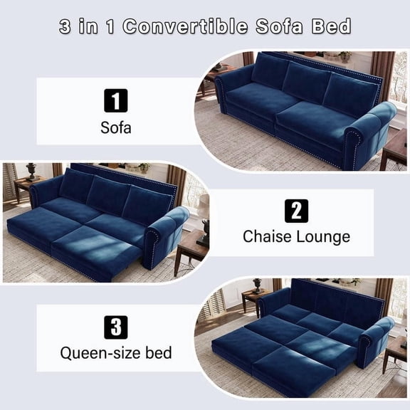 FFZ 94 inch King Pull Out Sofa Bed 3 in 1 Convertible Velvet Sleeper Couch, Blue