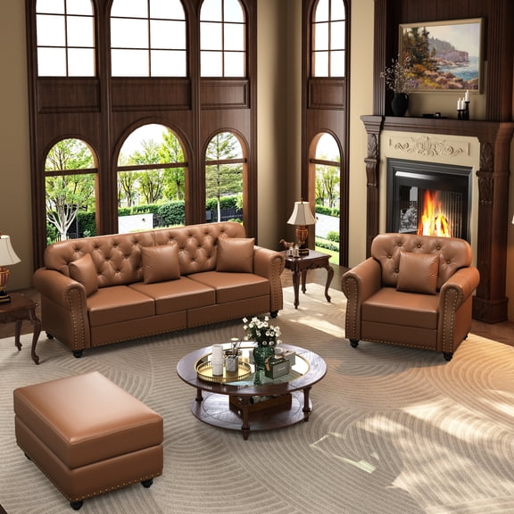 FFZ Chesterfield Sofa with Rolled Armrests, Nailhead Trim and Button Tufting, Brown