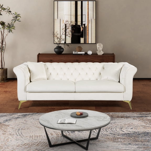 FFZ Chesterfield Sofa with Scroll Arm and Back, Tufted Fabric, 87 x 35.03 x 31.5 inch, Beige