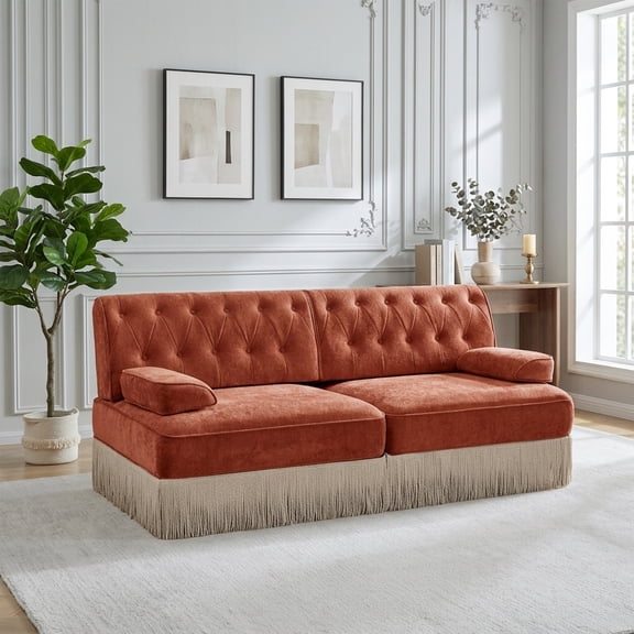 FFZ 2-Seat Chesterfield Tufted Velvet Sofa with Tassel Skirt and Wooden Base, Red Brown