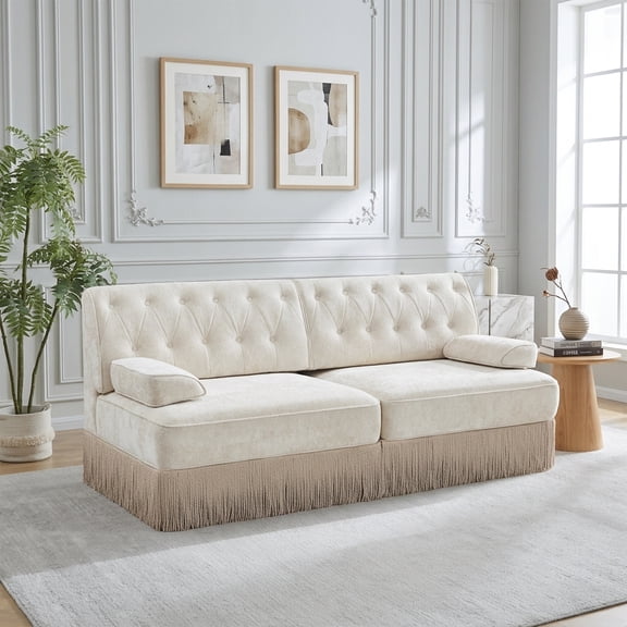 FFZ 2-Seat Chesterfield Tufted Velvet Sofa with Tassel Skirt and Wooden Base, Beige