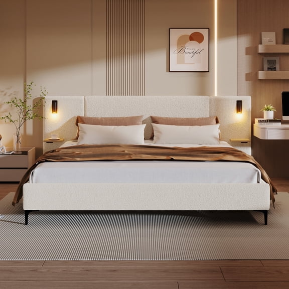 FFZ King Boucle Platform Bed with Integrated Lights and Shelves, 86.93 x 110.16 x 41.73 inch, White