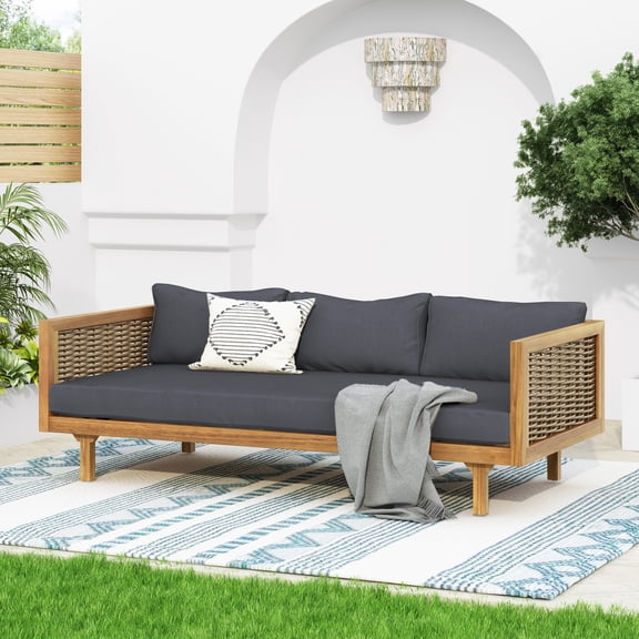 FFZ 67.5" Claremont 3 Seater Daybed with Acacia Wood Frame, Rattan Arms and Water-Resistant Cushions, Brown Mix