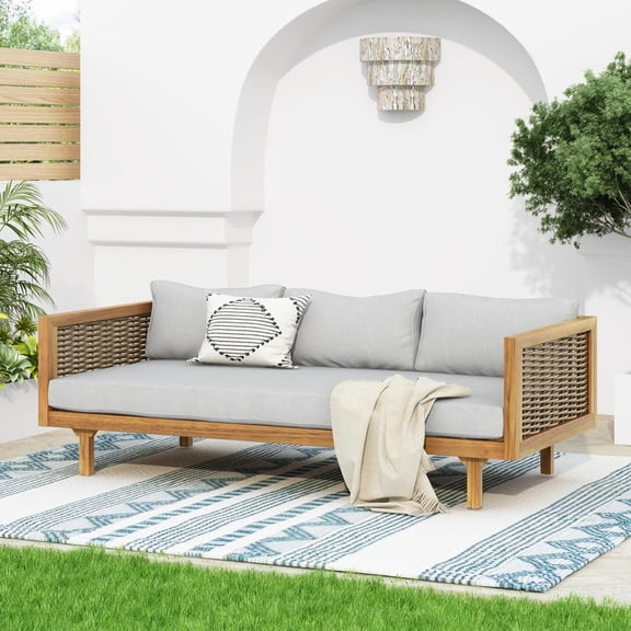 FFZ Claremont 3 Seater Daybed with Rattan Arms Acacia Wood and Water-Resistant Cushions, Teak