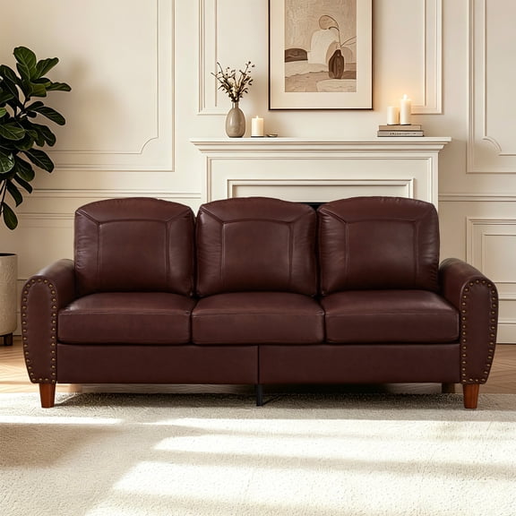 FFZ Classic 81.5 inch Sofa with Rolled Arms, Nailhead Trim, Breathable PU Leather, Walnut Legs, Burgundy