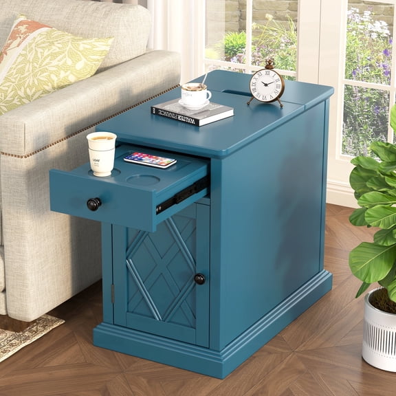FFZ Classic Charging End Table with USB Ports and Storage, 14.2 x 24 x 21.9 inch, Navy Blue