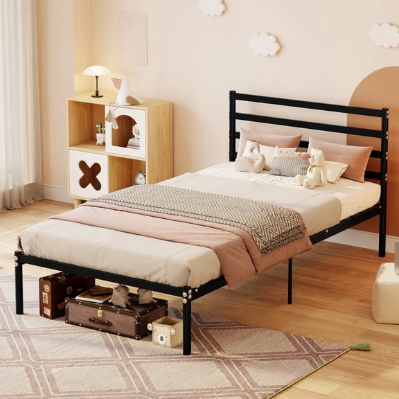 FFZ Classic Metal Platform Bed Frame with Under-Bed Storage, Twin Size, Black