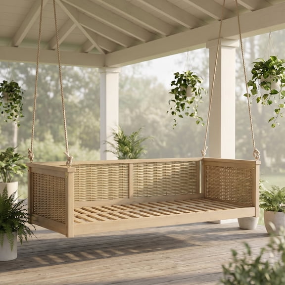 FFZ Twin Size Acacia Wood Swing Bed with Rattan Frame and 4x7.5ft Ropes, Light Teak