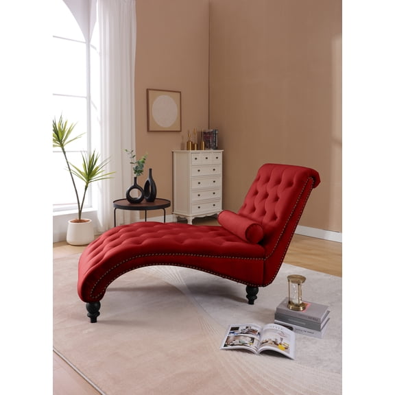 FFZ Classical Velvet Recliner Chair with Button Tufting and Silver Nailhead Trim, Red