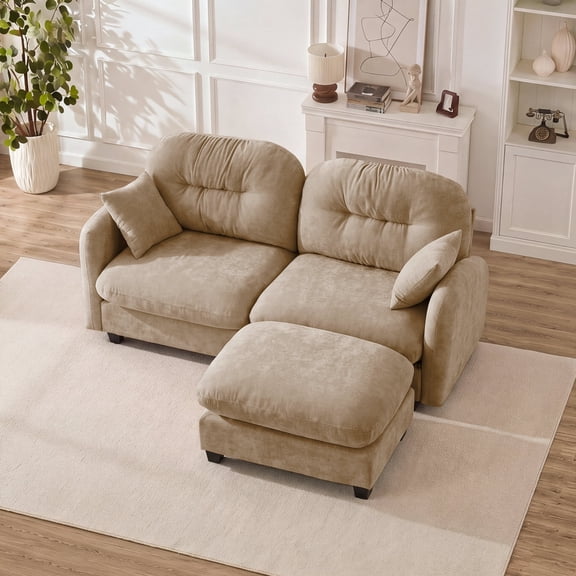 FFZ Cloud Sectional L-Shaped Sofa with Ottoman, Chenille Fabric and Tufted Backrest, Camel