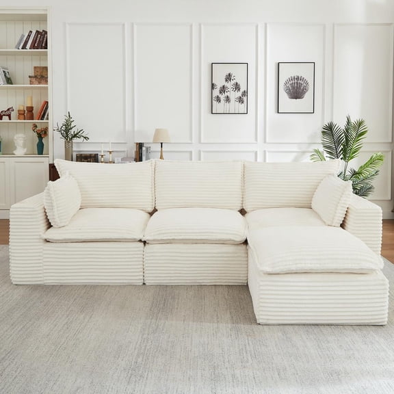 FFZ Cloud Sectional Couch with Ottoman, Convertible L-Shaped Sofa, White