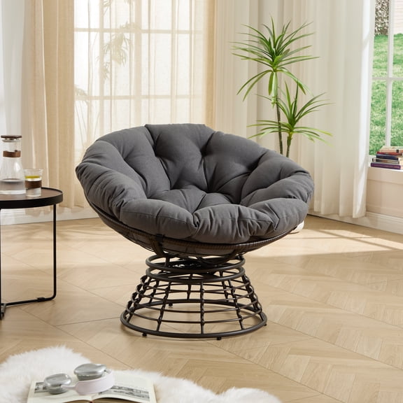 FFZ Ergonomic Wicker Papasan Chair with 360-Degree Swivel and Over-Stuffed Cushion, Grey
