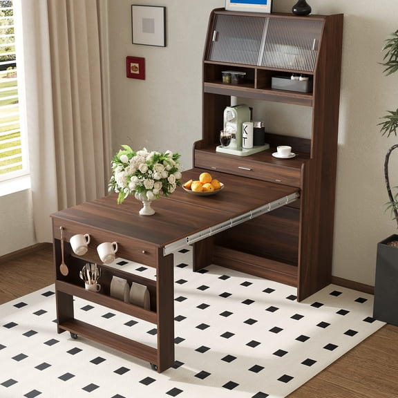 FFZ Compact 33.5X15.7X69Inch Buffet With Hutch And Foldable Dining Table, Walnut