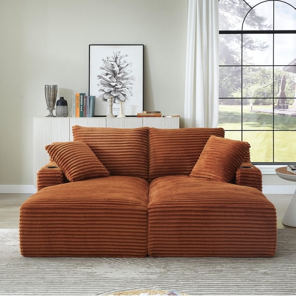FFZ Compressible Double Chaise Lounge Fluffy Modern Sleeper Loveseat with Cupholders, Orange