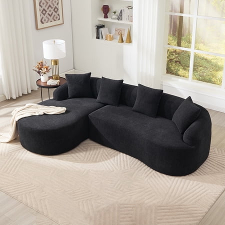 FFZ L-Shaped Sectional Sofa with Curved Chaise, High-Density Foam, Chenille Fabric, 99" L, Black