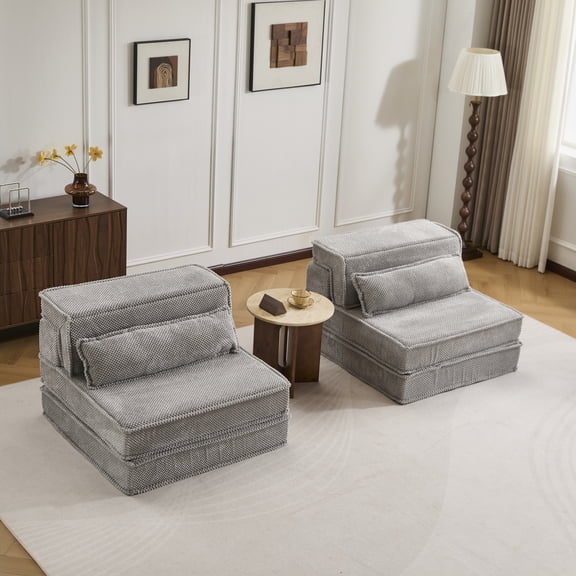 FFZ Compression Mahjong Sofa, Convertible Sofa Bed, DIY Boneless Modular, No Assembly, 2-Seater With 2 Pillows, Light-Grey