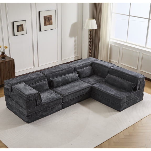 FFZ Compression Mahjong Sofa, Convertible Sofa Bed, DIY Boneless Modular, No Assembly, 4-Seater With 4 Pillows, Dark-Grey