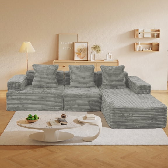 FFZ 102.4" Compression Sectional Couch with Chaise, Boneless L Shape Sofa, Deep Seat, Corduroy, Antique Grey