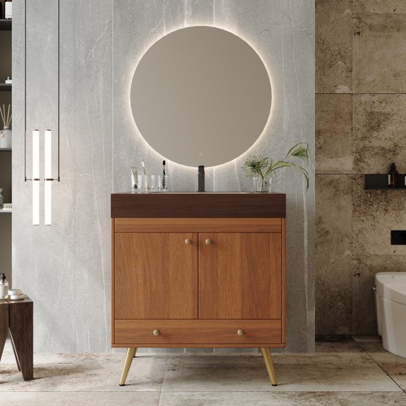 FFZ Contemporary Free-standing Bathroom Vanity with Faux Marble Top & Ceramic Sink, 30" Double Door Storage Cabinet, Waterproof Engineered Wood