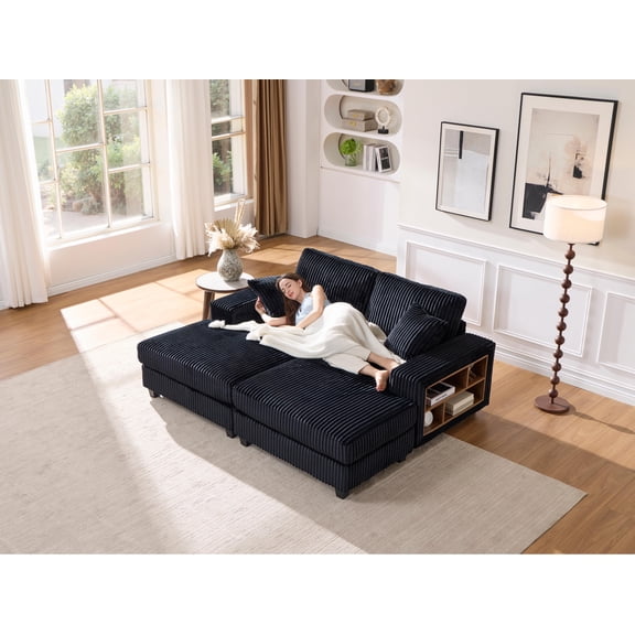 FFZ Convertible Combination Sofa Corduroy Fluffy Modern Sleeper Oversized Black For Living Room Bedroom