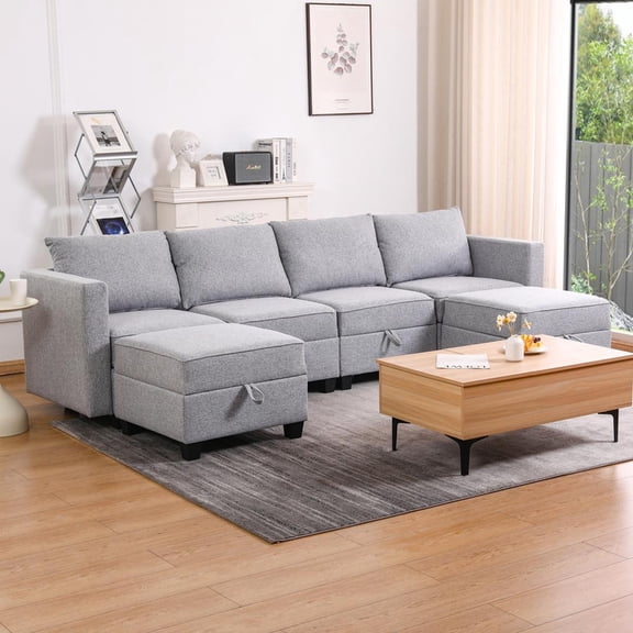 FFZ 110.3" U-Shaped Modular Sectional Sofa with Reversible Chaise, Storage Seats, LIGHT GREY