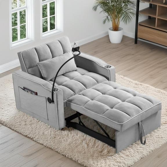 FFZ 3-in-1 Convertible Sleeper Chair Bed with USB Ports and Adjustable Backrest, Grey
