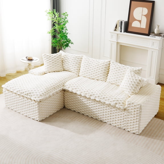 FFZ Convertible Twin-Seat Sofa with Left Chaise Lounge for Face-to-Face Seating, White