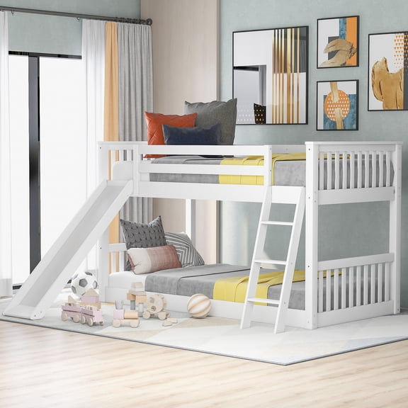 FFZ Convertible Twin over Twin Bunk Bed with Slide and Ladder, White