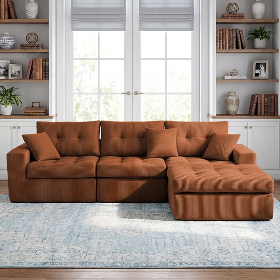 FFZ 113.4 inch L-Shaped Corduroy Sectional Sofa Bed with Corner Chaise and No-Assembly Design, Orange