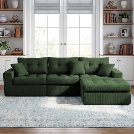 FFZ L-Shaped Corduroy Sectional Sofa Bed with Corner Chaise, No-Assembly, High-Density Sponge, Army Green