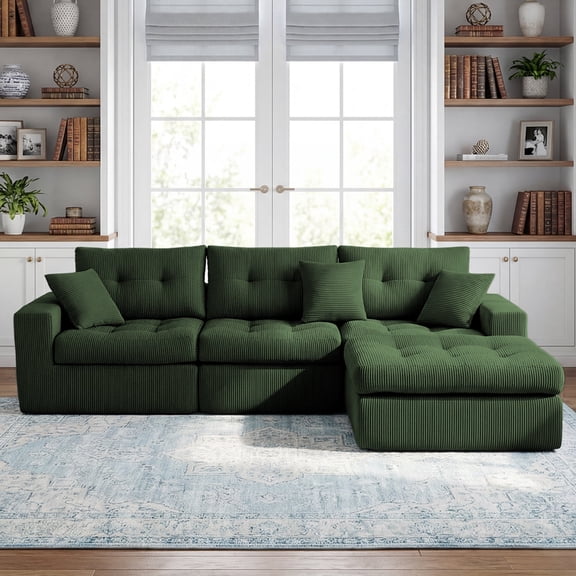 FFZ L-Shaped Corduroy Sectional Sofa Bed with Corner Chaise, No-Assembly, High-Density Sponge, Army Green