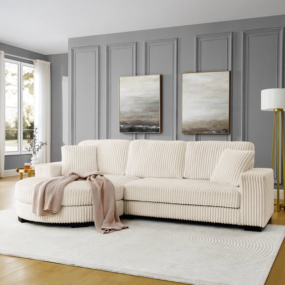 FFZ Corduroy Tufted L-Shaped Sleeper Sectional Sofa with Arc Footstool, Beige
