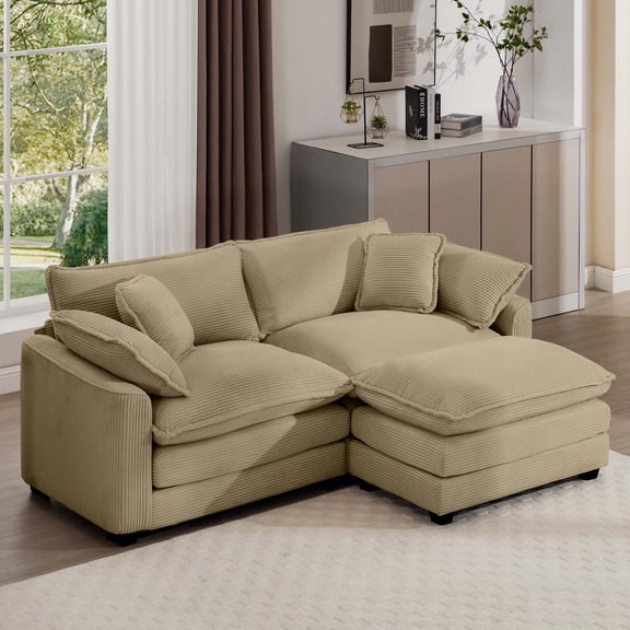 FFZ Corduroy Two-Seater 1 Footrest L-Shaped Ottoman Small Spaces Tan For Living Room Apartment