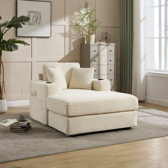 FFZ Corduroy Upholstered Chaise Lounge Sofa with Detachable Cushions for Office, Beige